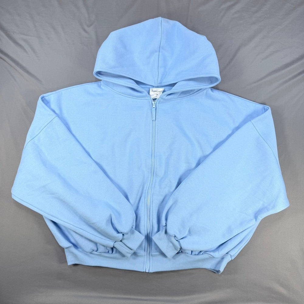 Blogilates Womens 1X Medium Blue Cotton Blend Marshmallow Zip Hoodie Oversized